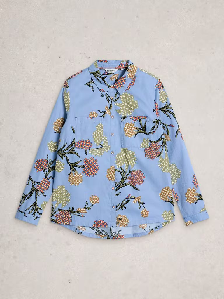 White Stuff Sophie Collared Organic Cotton Shirt in Blue Print