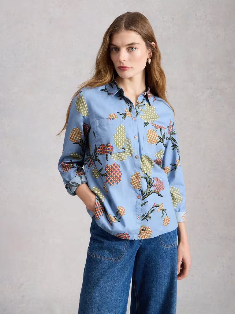 White Stuff Sophie Collared Organic Cotton Shirt in Blue Print
