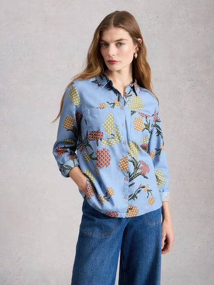 White Stuff Sophie Collared Organic Cotton Shirt in Blue Print