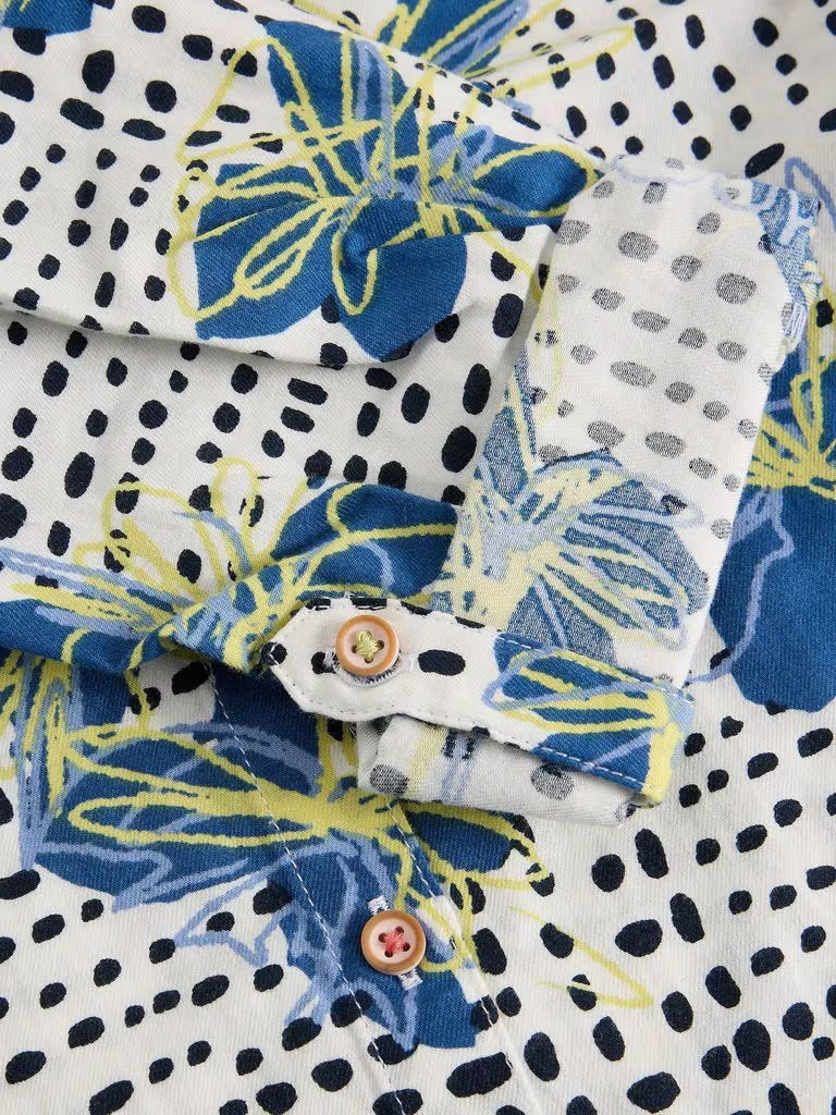 White Stuff Sophie Collared Organic Cotton Shirt in Ivory Print