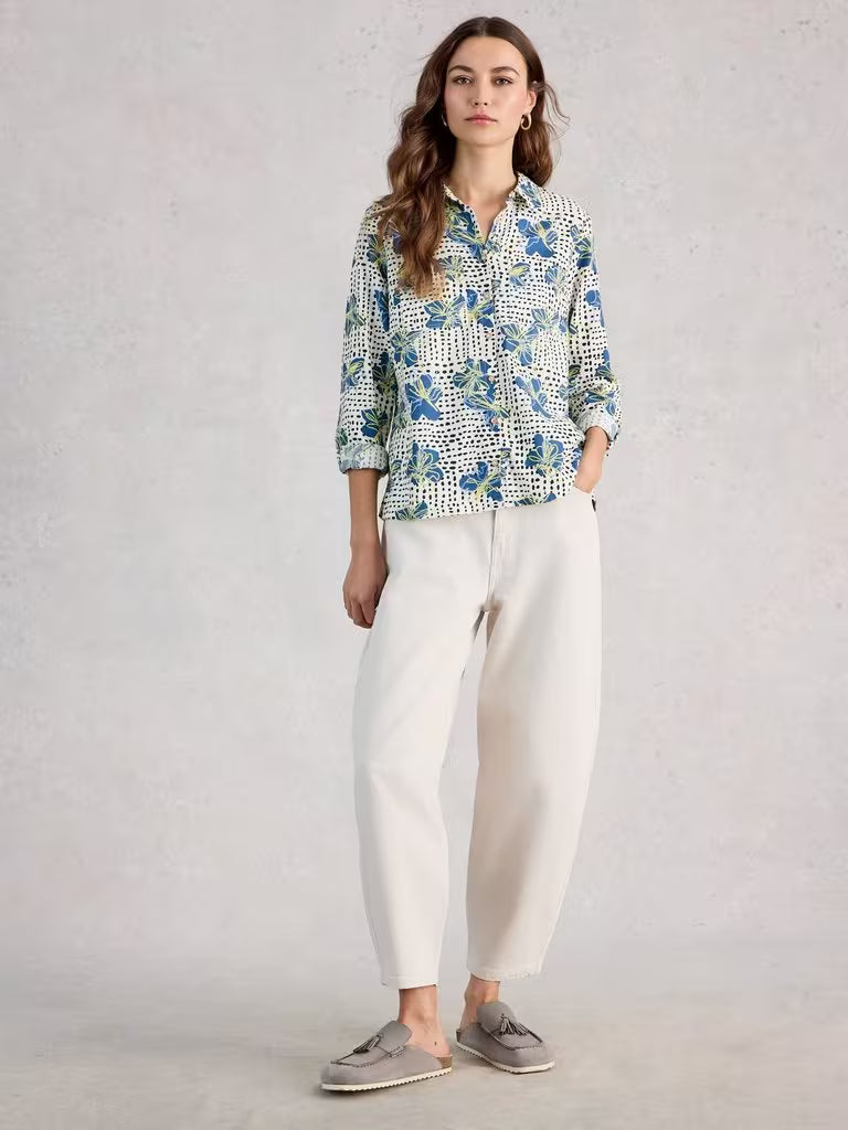 White Stuff Sophie Collared Organic Cotton Shirt in Ivory Print