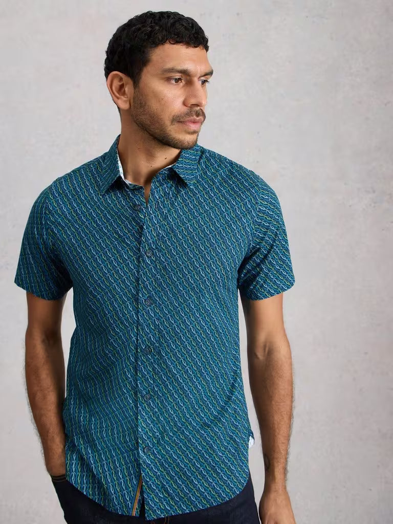 White Stuff Salcombe Fish Print Shirt in Navy Print