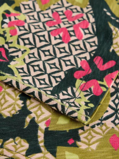 White Stuff Nelly Notch Neck T-Shirt in Green Print