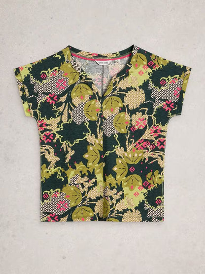 White Stuff Nelly Notch Neck T-Shirt in Green Print