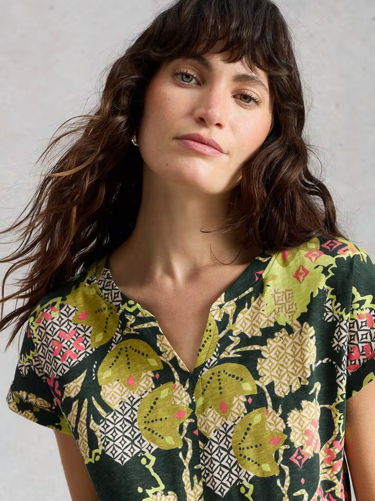 White Stuff Nelly Notch Neck T-Shirt in Green Print