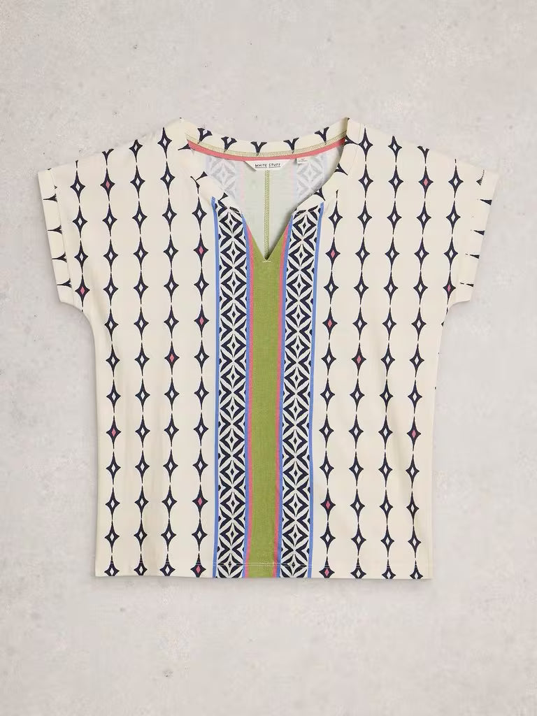 White Stuff Nelly Notch Neck T-Shirt in White Multi