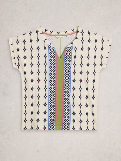 White Stuff Nelly Notch Neck T-Shirt in White Multi
