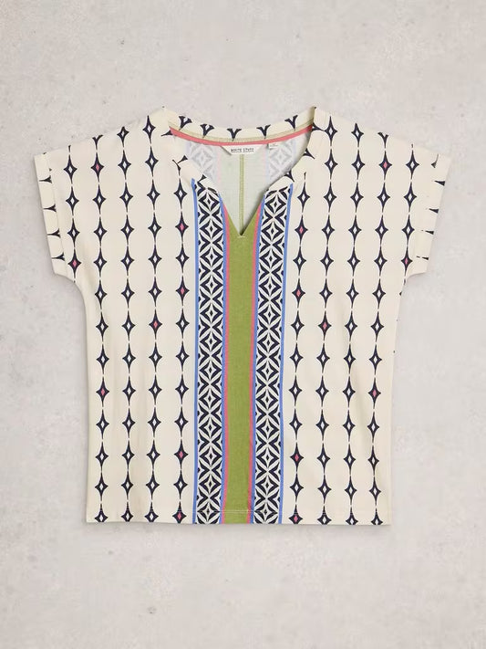 White Stuff Nelly Notch Neck T-Shirt in White Multi