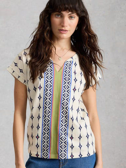 White Stuff Nelly Notch Neck T-Shirt in White Multi