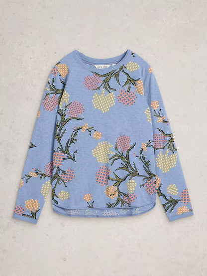 White Stuff Clara Long Sleeve Crew Neck Tee in Blue Print