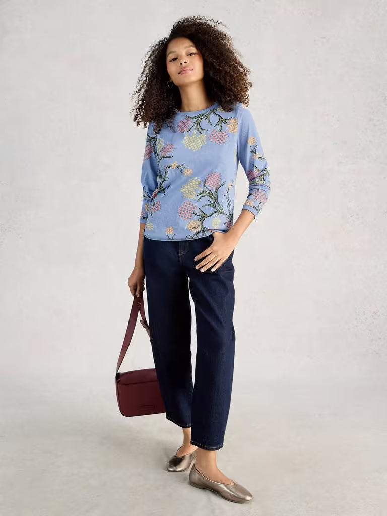 White Stuff Clara Long Sleeve Crew Neck Tee in Blue Print