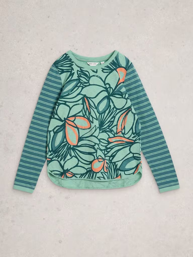 White Stuff Clara Long Sleeve Crew Neck in Teal Print