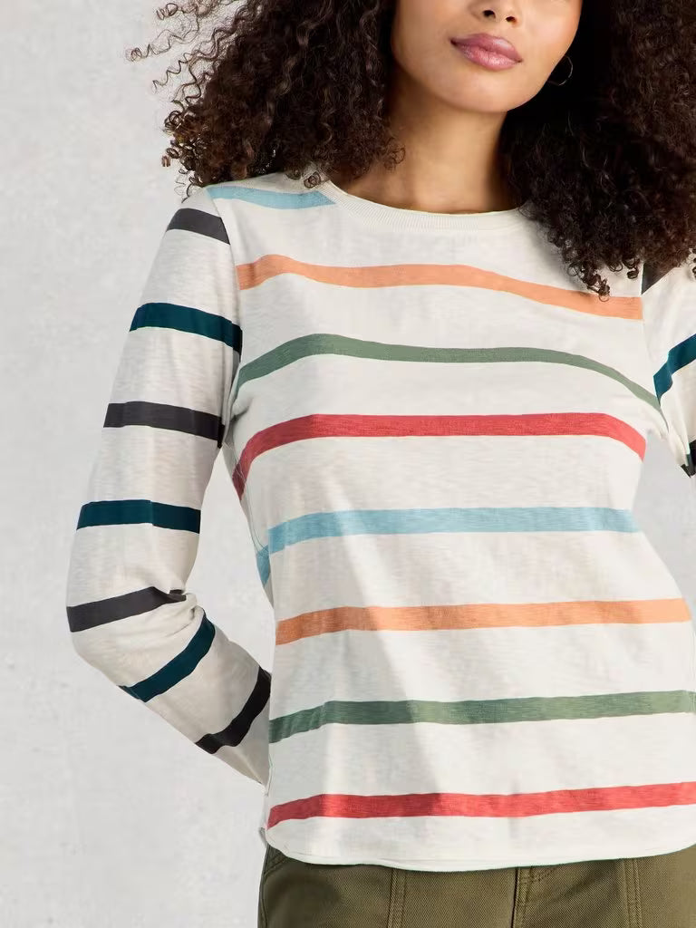 White Stuff Clara Long Sleeved Striped Tee in Ivory Multi