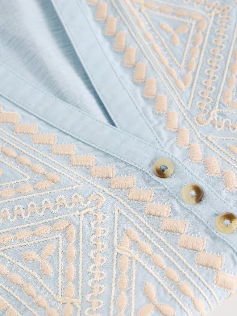 White Stuff Sleeveless Collared Shirt in Mid Blue