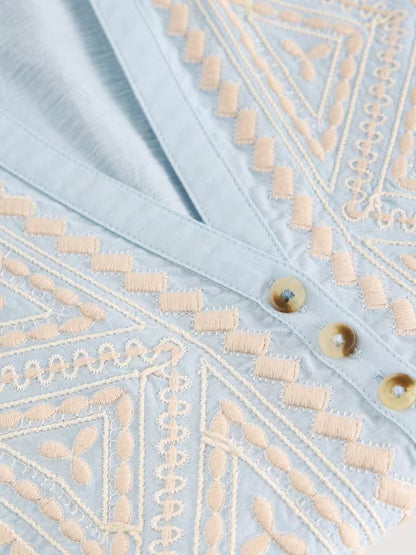 White Stuff Sleeveless Collared Shirt in Mid Blue