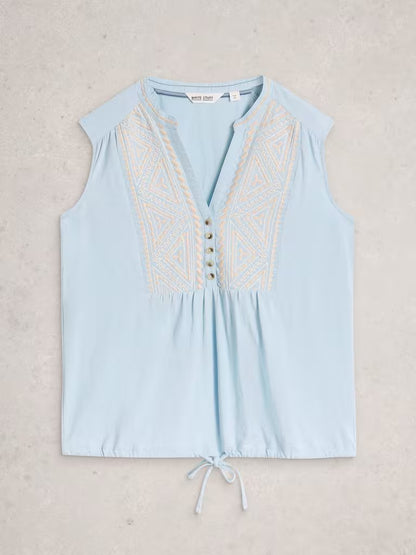 White Stuff Sleeveless Collared Shirt in Mid Blue