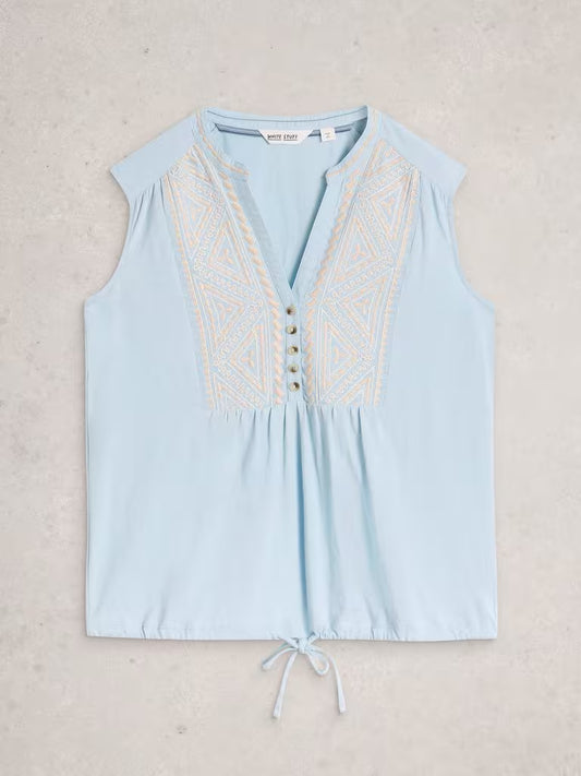 White Stuff Sleeveless Collared Shirt in Mid Blue