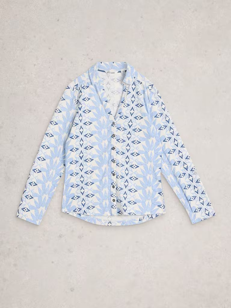 White Stuff Annie Collared Jersey Shirt in Blue Multi