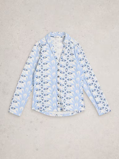 White Stuff Annie Collared Jersey Shirt in Blue Multi