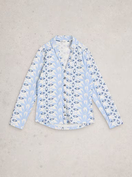 White Stuff Annie Collared Jersey Shirt in Blue Multi