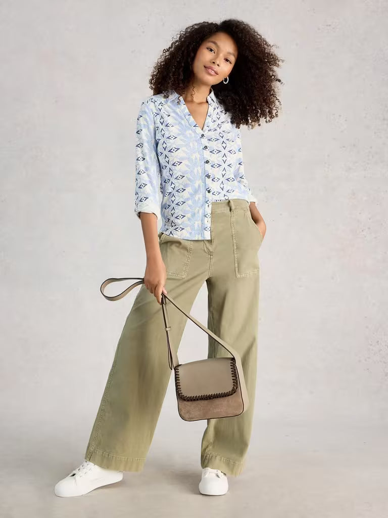 White Stuff Annie Collared Jersey Shirt in Blue Multi