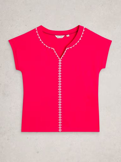 White Stuff Nelly Plain Embroidered Tee in Bright Pink