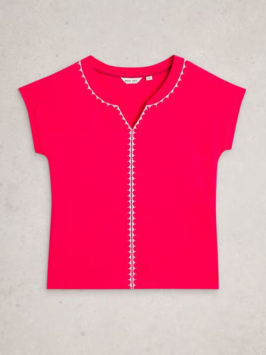 White Stuff Nelly Plain Embroidered Tee in Bright Pink