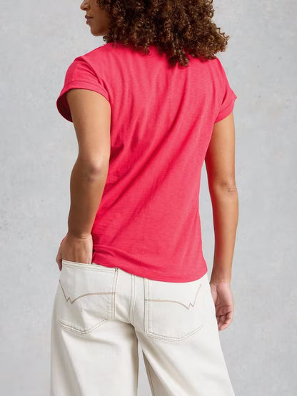 White Stuff Nelly Plain Embroidered Tee in Bright Pink