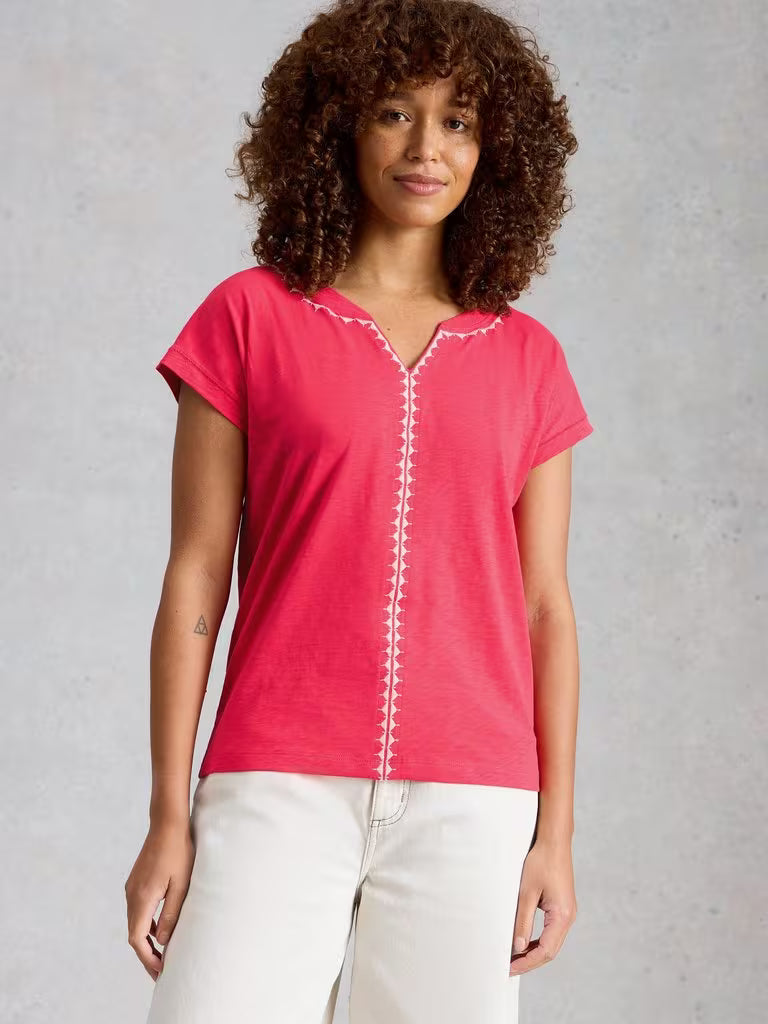 White Stuff Nelly Plain Embroidered Tee in Bright Pink