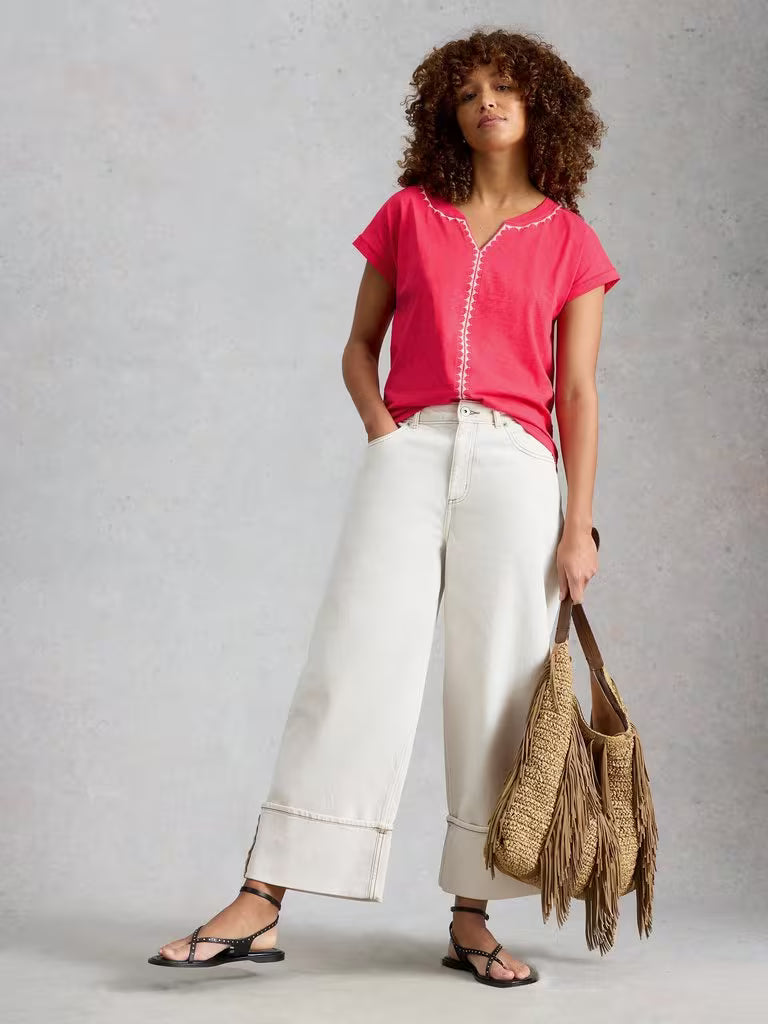 White Stuff Nelly Plain Embroidered Tee in Bright Pink