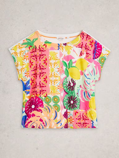 White Stuff Woven Mix Crew Neck Tee in Yellow Print