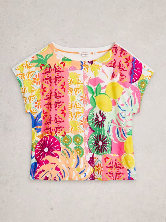 White Stuff Woven Mix Crew Neck Tee in Yellow Print