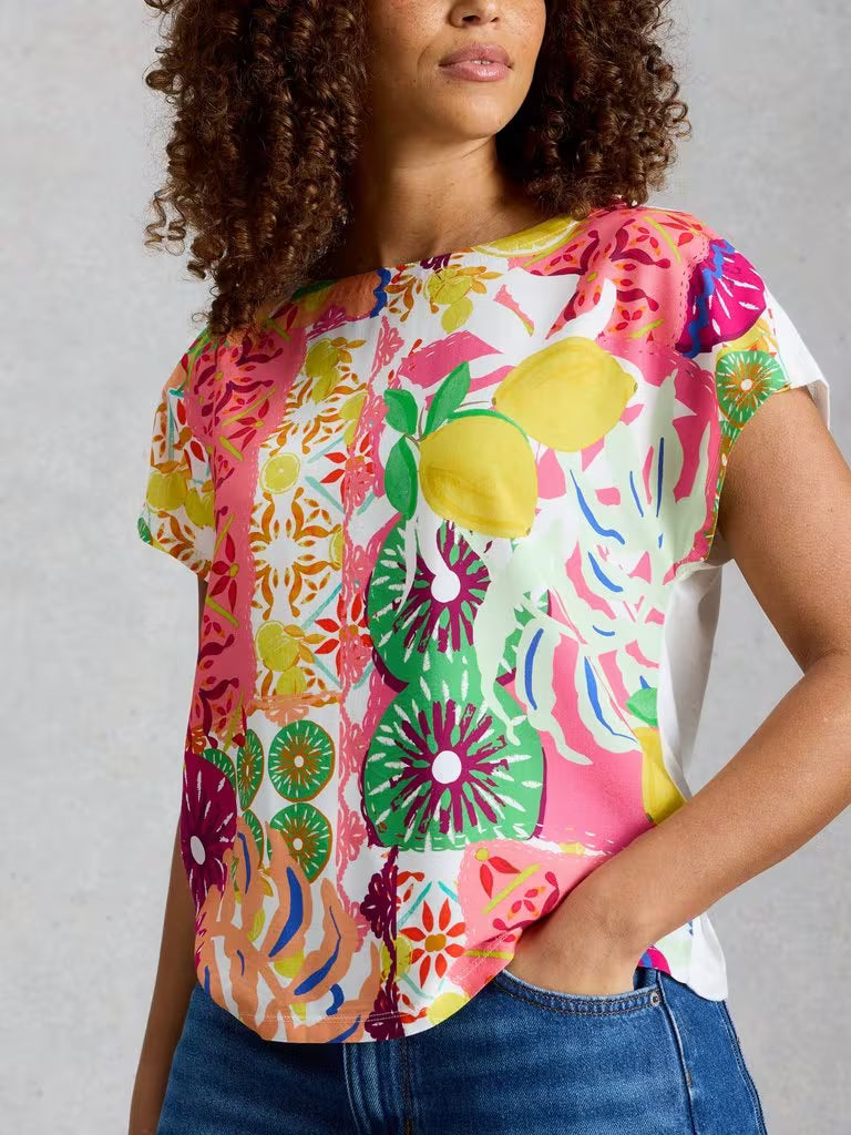 White Stuff Woven Mix Crew Neck Tee in Yellow Print