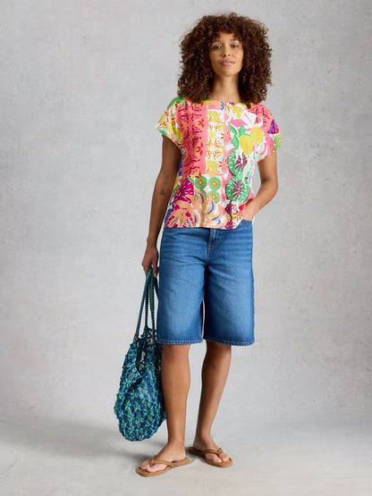 White Stuff Woven Mix Crew Neck Tee in Yellow Print