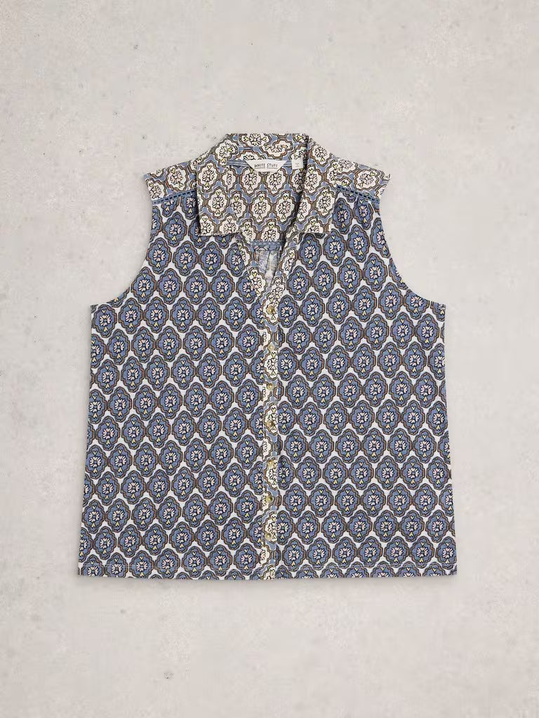 White Stuff Amy Sleeveless Shirt in Blue Print