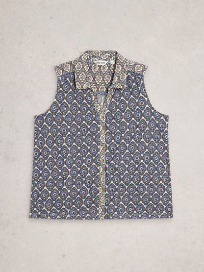 White Stuff Amy Sleeveless Shirt in Blue Print