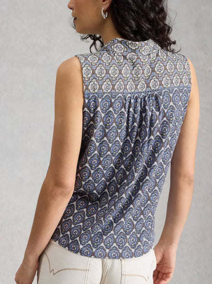 White Stuff Amy Sleeveless Shirt in Blue Print