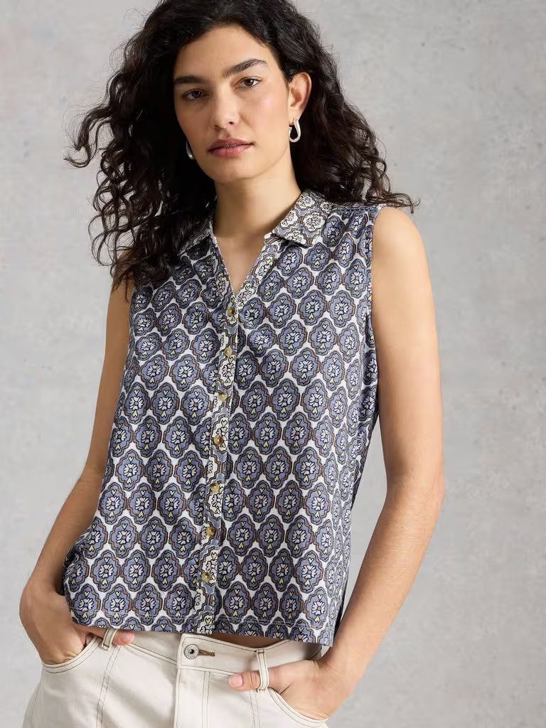 White Stuff Amy Sleeveless Shirt in Blue Print