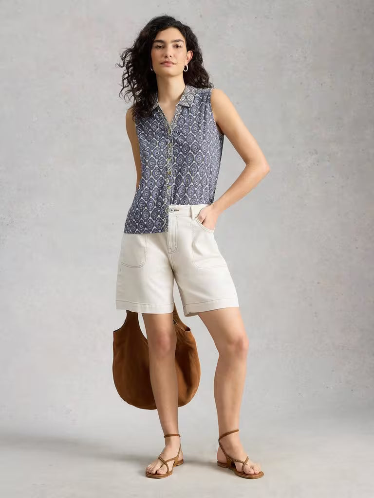 White Stuff Amy Sleeveless Shirt in Blue Print