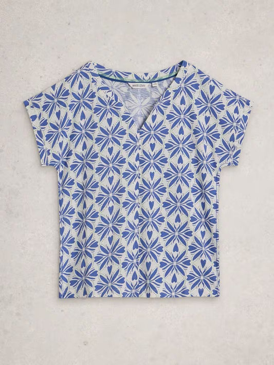 White Stuff Nelly Notch V Neck Tee in Blue Multi