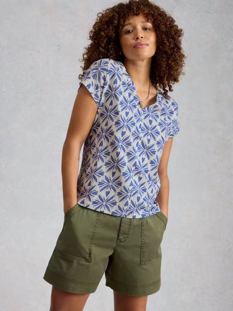 White Stuff Nelly Notch V Neck Tee in Blue Multi