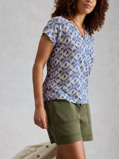 White Stuff Nelly Notch V Neck Tee in Blue Multi
