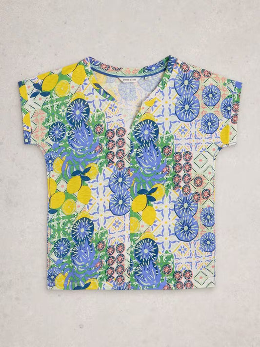 White Stuff Nelly Notch V Neck Tee in Ivory Print