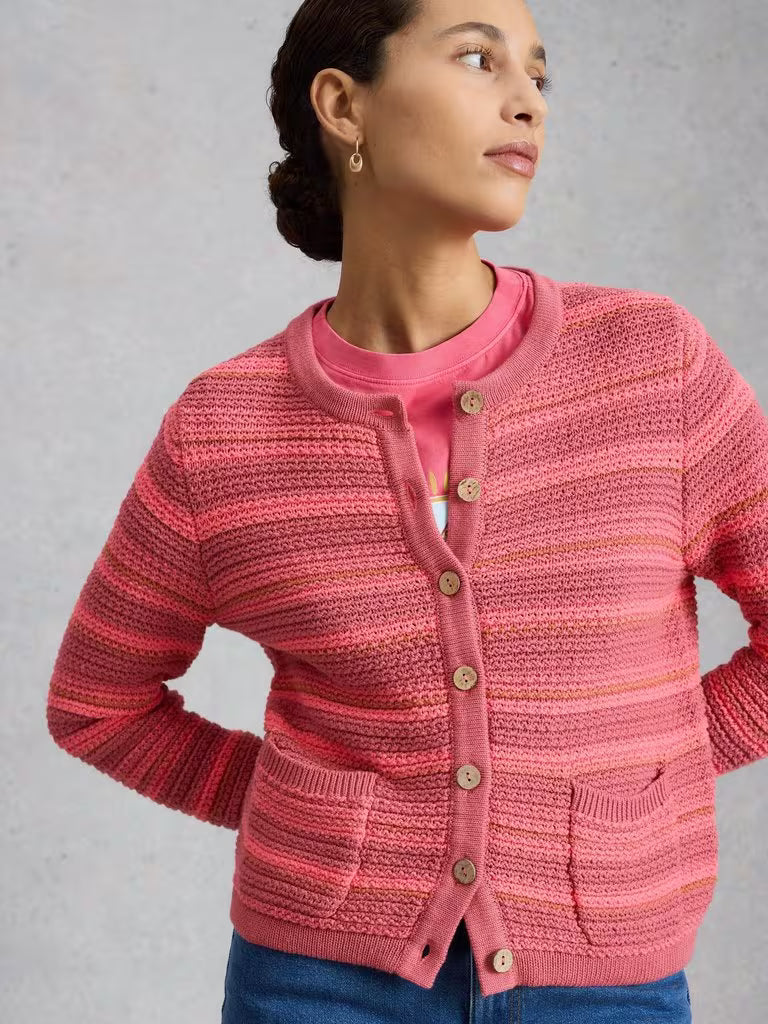 White Stuff Belle Crew Neck Cardi in Pink Multi
