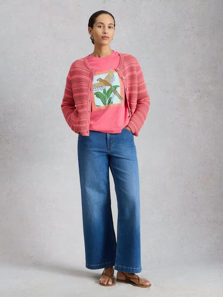 White Stuff Belle Crew Neck Cardi in Pink Multi