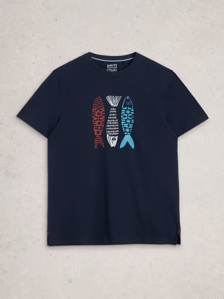 White Stuff Abersoch Tile Fish Graphic Tee in Navy Print