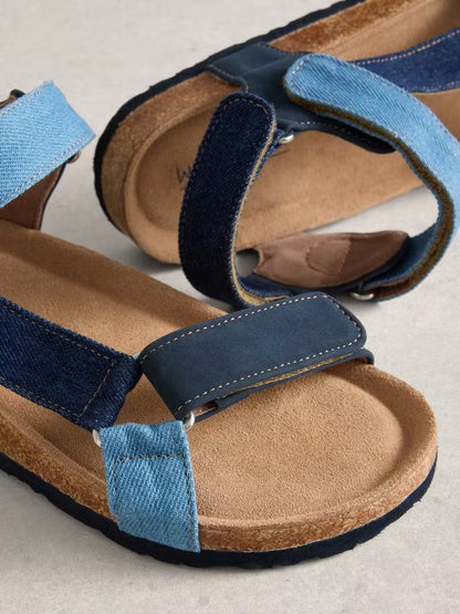 White Stuff Trek Patterned Strap Footbed Sandal in Denim Multi