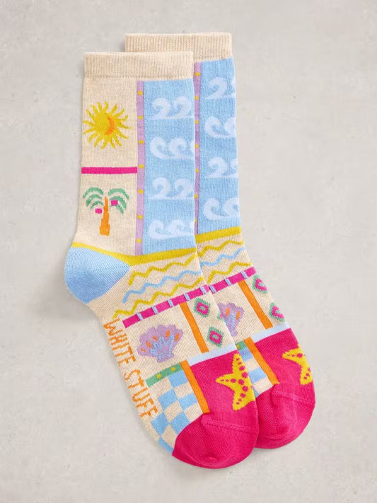 White Stuff Summer Print Ankle Sock in Natural Multi