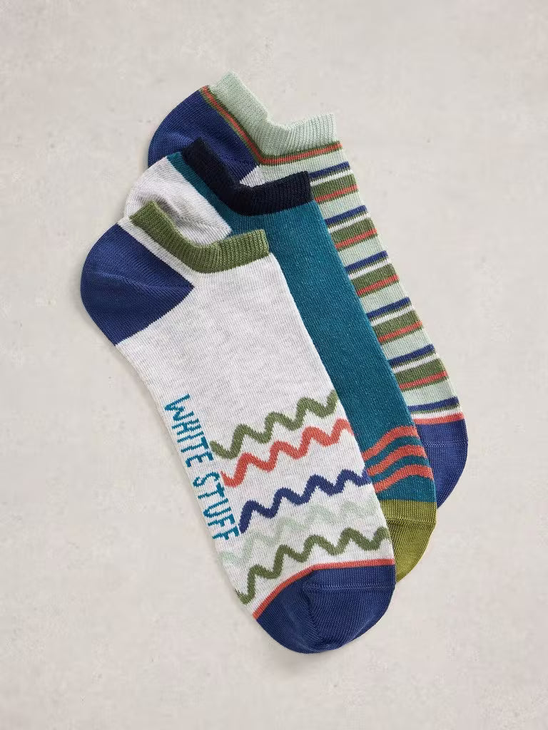White Stuff 3 Pack Patterned Trainer Socks in Teal Multi