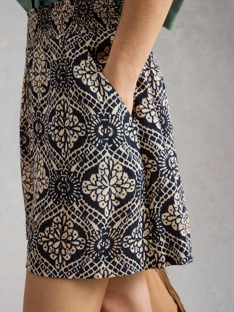 White Stuff Shelly Crinkle Shorts in Navy Print